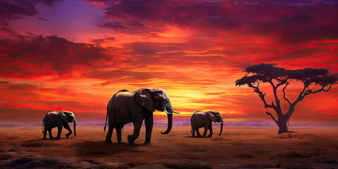 Fototapeta na wymiar Group of elephants in the African savannah at dusk. Generative AI