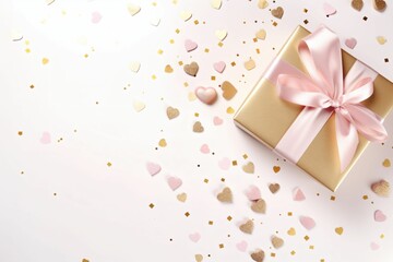 Valentine's Day concept. Top view photo of pastel pink present box with silk ribbon bow golden hearts - Generative AI