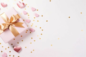 Obraz na płótnie Canvas Valentine's Day concept. Top view photo of pastel pink present box with silk ribbon bow golden hearts - Generative AI
