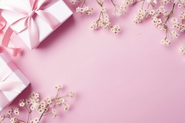 Top view photo of woman's day composition white gift boxes with pink bows curly silk ribbon small hearts - Generative AI