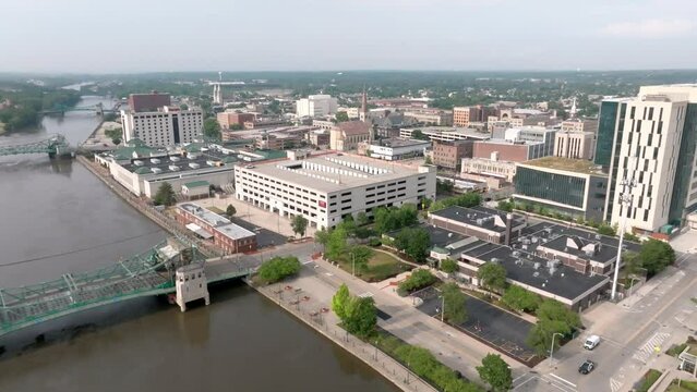 Downtown Joliet, Illinois with drone video moving in a circle right to left.