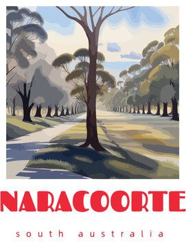 Naracoorte: Retro tourism poster with a Australian landscape and the headline Naracoorte / South Australia
