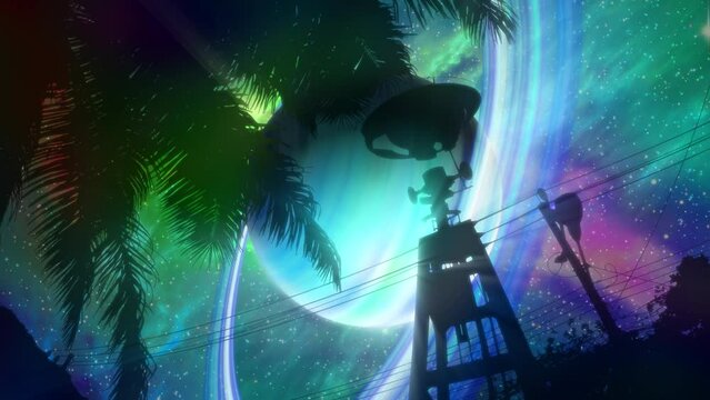 Tower in Jungle 3 - Sky with Green Gas Giant: Dark silhouettes of trees, palm and a Relay Tower against the backdrop of a bright the sky of another planet with Green Gas Giant.