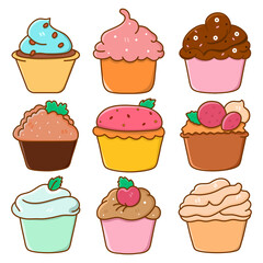 Vector Illustration of various cupcakes in cartoon style on white background.