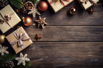 Fototapeta premium Gift boxs on copy space wood background. Christmas theme. Generative ai.