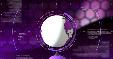 Animation of globe moving and data processing over scope scanning on black background