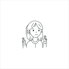 Cute girl smiling showing two fingers gesture logo banner hand drawn doodle art illustration