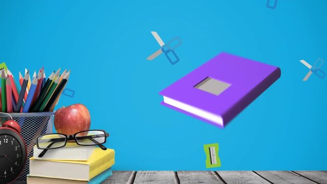 Animation of book moving and school items on blue background