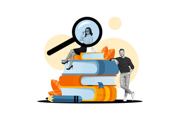 Banner poster 3d image collage sketch of smart clever people exploring detective story encyclopedia...