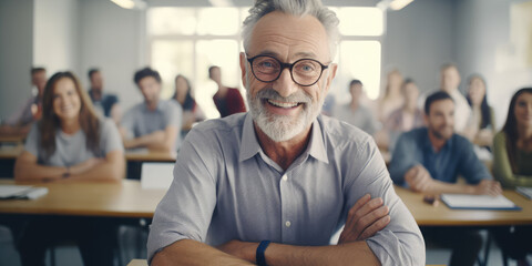 mature senior student sitting and learning in business classroom concept of adult education study loan. generative ai