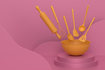 Abstract scene or podium with bowl and kitchen utensil on monochrome.