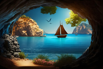 Fototapeta premium Beach Cave Blue Ocean With Yacht On The background