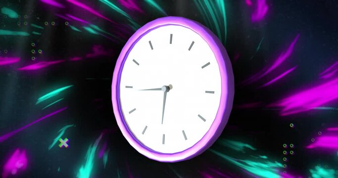 Animation of clock moving and purple trails on black background