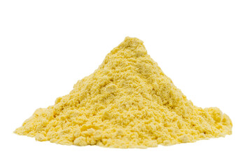 Corn flour isolated on white background. Pile of cornmeal. close up
