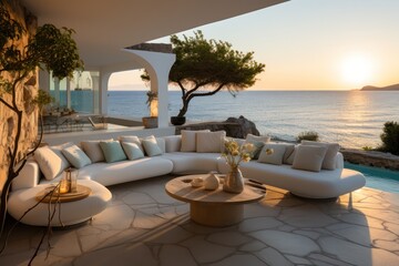 Obraz premium Interior Design of a Luxurious Greek Island Villa. Close-Up of chairs and sofa on a terrace with a Stunning Sea Sunset View