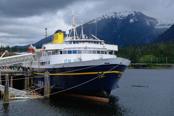 Alaska passenger ferry cruiseship cruise ship liner Malaspina in Ward Cove port near Ketchikan with...