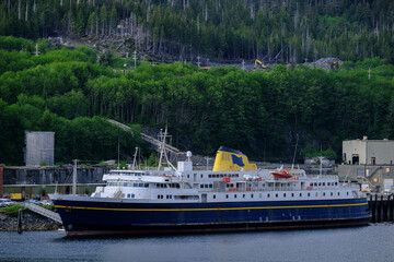 Alaska passenger ferry cruiseship cruise ship liner Malaspina in Ward Cove port near Ketchikan with...
