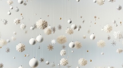 A white wallpaper of Christmas with stars and ornaments with white and gold background.