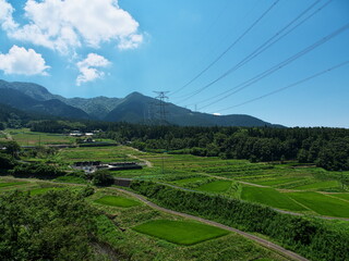青空の下に広がる山間部の棚田
