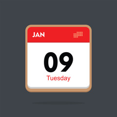 tuesday 09 january icon with black background, calender icon