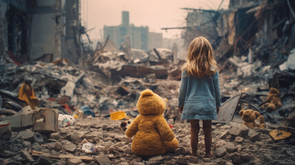 A young girl with a toy tightly, standing amidst the ruins of a war-ravaged city, portraying the resilience and vulnerability of children affected by conflict. AI generated