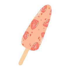 Isolated cartoon colorful ice cream on stick with strawberry in flat vector style on white background. Summer food.