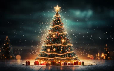 Gardinen christmas tree with lights and presents. © Mynn Shariff