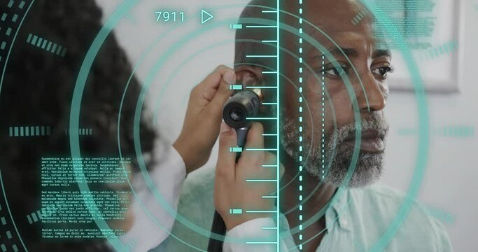 Animation of data processing over diverse male patient and doctor checking ear