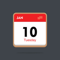 tuesday 10 january icon with black background, calender icon