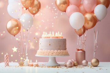 Elements for birthday party and cake, gold and pastel colors, celebration. Generative Ai.