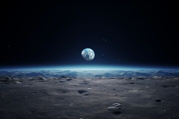 Generative AI, Earth from moon, on the surface of the moon, moon landscape, moonshine, earth on background