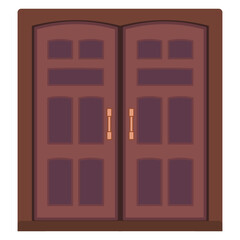 Brown double doors with door knobs isolated on white background. Clipart.