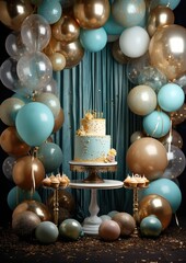 Fototapeta na wymiar Elements for birthday party and cake, gold colors, celebration. Generative Ai.