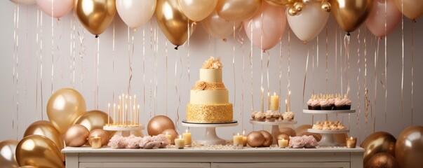 Elements for birthday party and cake, gold colors, celebration panorama. Generative Ai.