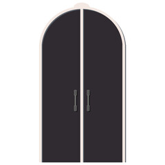 Black arched type door with light frame and door handle isolated on white background. Clipart.
