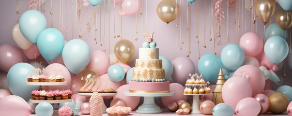 Elements for birthday party and cake, gold and pastel colors, celebration panorama. Generative Ai.