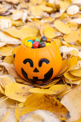 Pumpkin basket for Halloween, full of candy on the background of yellow fallen leaves, vertical frame.
