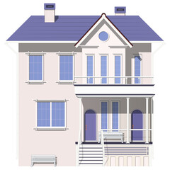 Colored two-story house with porch and benches isolated on white background. Clipart.