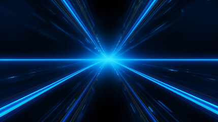 Abstract dark futuristic background blue neon light rays reflect off the water