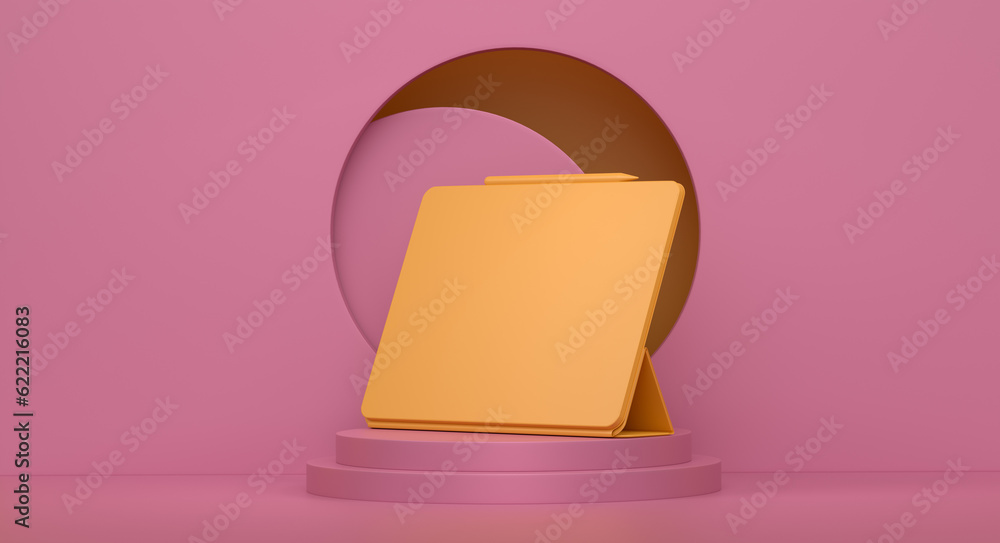 Poster abstract scene or podium with computer tablet with keyboard on monochrome