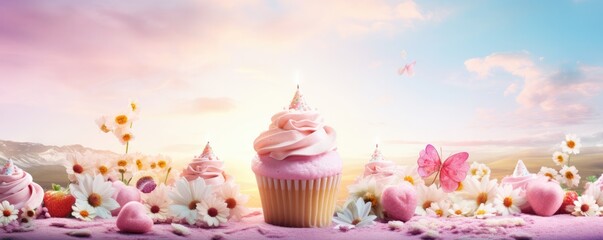 Birthday cupcake on pastel background for celebration, panorama. Generative Ai.