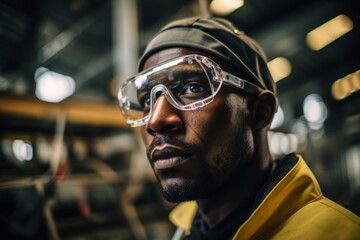 Focused african american worker man portret technological industrial complex factory production line face safety measures eyewear manufacturing mechanical scientific close-up employee concentration - obrazy, fototapety, plakaty