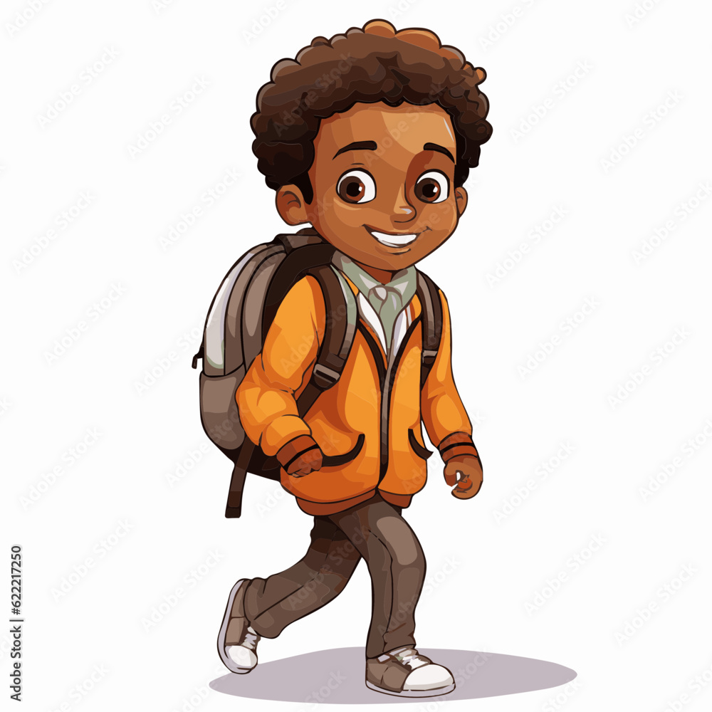 Wall mural simple cartoon clipart black african american boy student child going to school white background