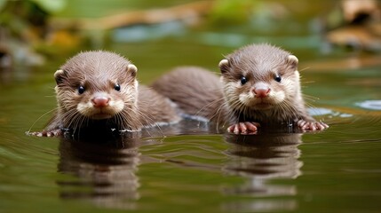 Obraz premium Curious baby otters as they gracefully swim and play in the water. With their agile movements and mischievous behavior. Generated by AI.