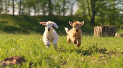 Cute baby goats as they playfully jump and frolic in a vibrant pasture. With their energetic leaps and mischievous behavior. Generated by AI.
