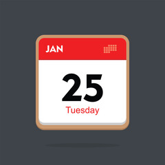 tuesday 25 january icon with black background, calender icon