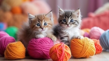Fluffy kittens as they engage in playful interactions with yarn balls. These adorable feline companions showcase their agility and dexterity, chasing, batting. Generated by AI.