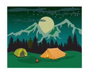 Paysage nocturne avec tentes de camping montées, avec feu de camp, montagne, lune, sapin et étoiles en arrière-plan.