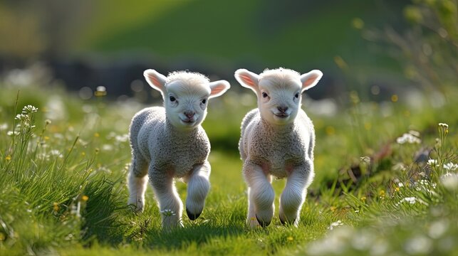 Fluffy white baby lambs frolicking and playing in a picturesque field. These adorable little creatures showcase their joyful energy as they leap, hop, and run. Generated by AI.
