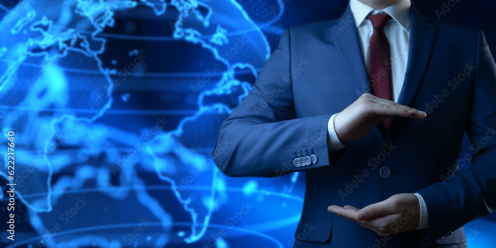 Poster businessman against the background of the globe. empty space. template for text